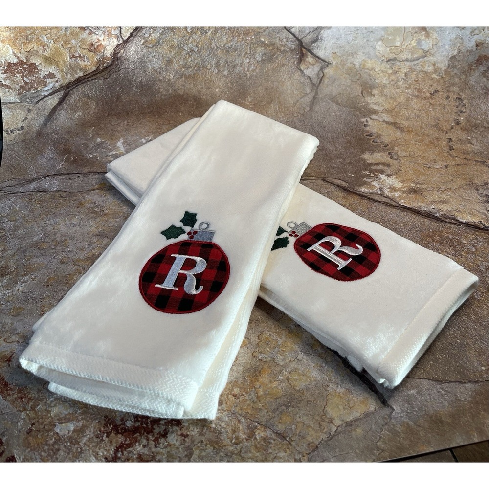 Christmas Monogrammed Hand Towels With The Letter R Plaid Balls VERY SOFT